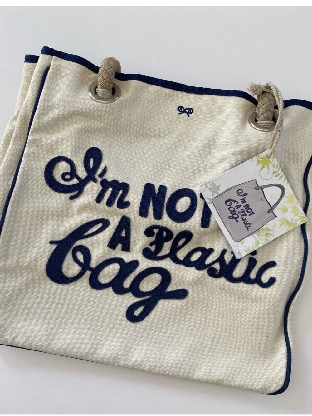 Cream Canvas Tote with Navy Script and Rope Handles